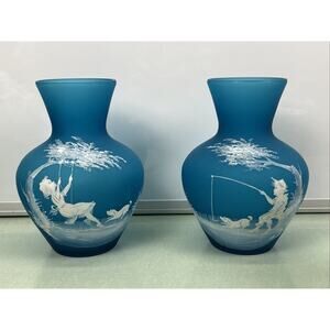 Westmoreland Vases Mary Gregory Style Satin Glass Aqua Handpainted Boy Girl